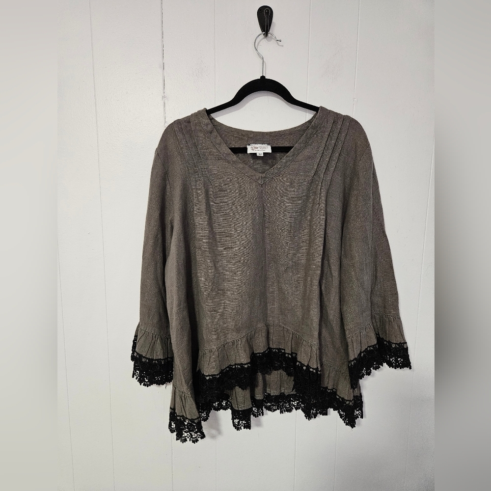 Hearts Desire Lace Linen Tunic Black Lace Trim MARIE GRAY